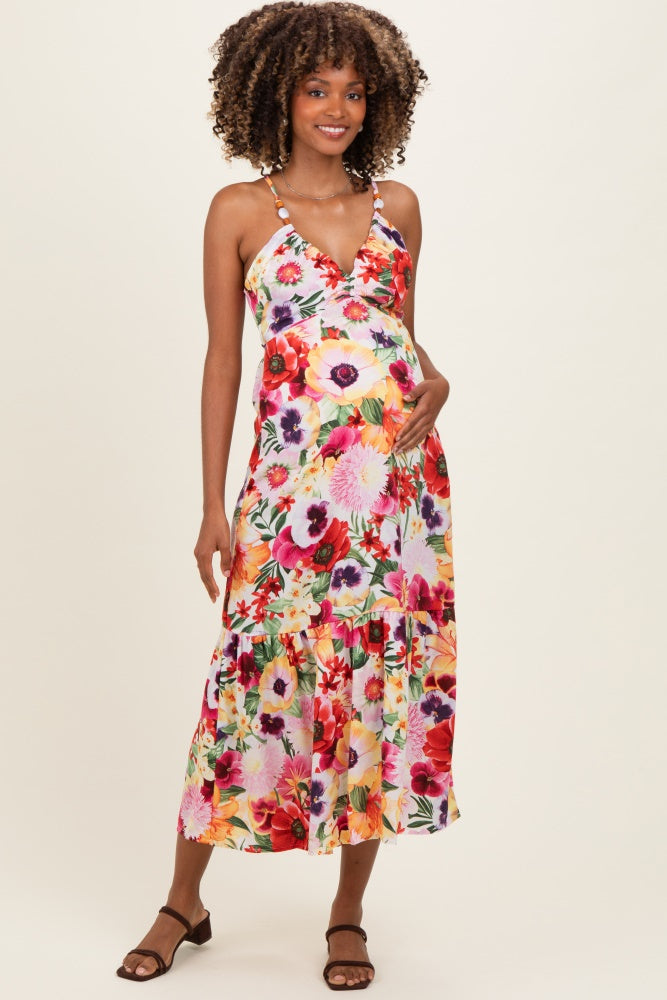 Off White Floral Crisscross Back Maternity Midi Dress