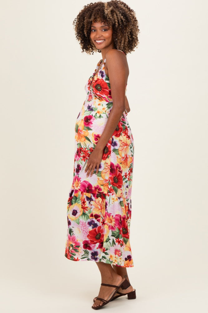 Off White Floral Crisscross Back Maternity Midi Dress