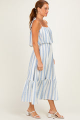 Blue Striped Flounce Shoulder Tie Midi Dress