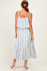 Blue Striped Flounce Shoulder Tie Midi Dress