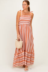 Rose Striped Smocked Shoulder Tie Midi Dress