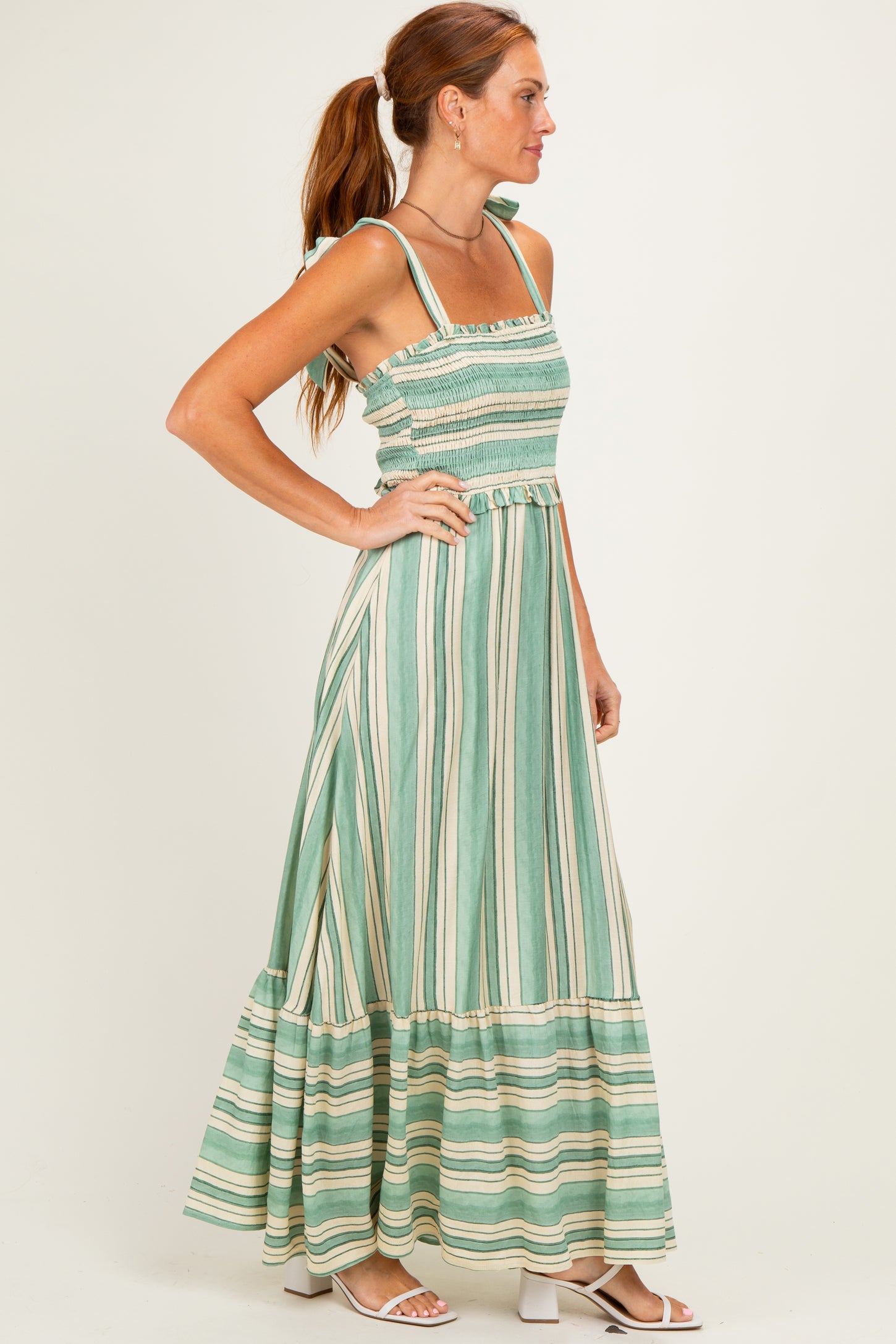 Green Striped Smocked Shoulder Tie Midi Dress