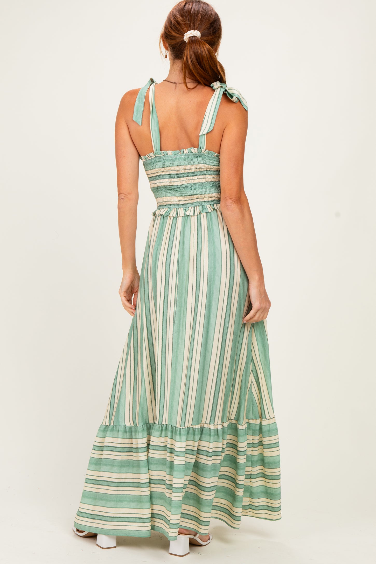 Green Striped Smocked Shoulder Tie Midi Dress