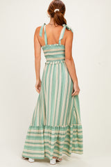 Green Striped Smocked Shoulder Tie Midi Dress