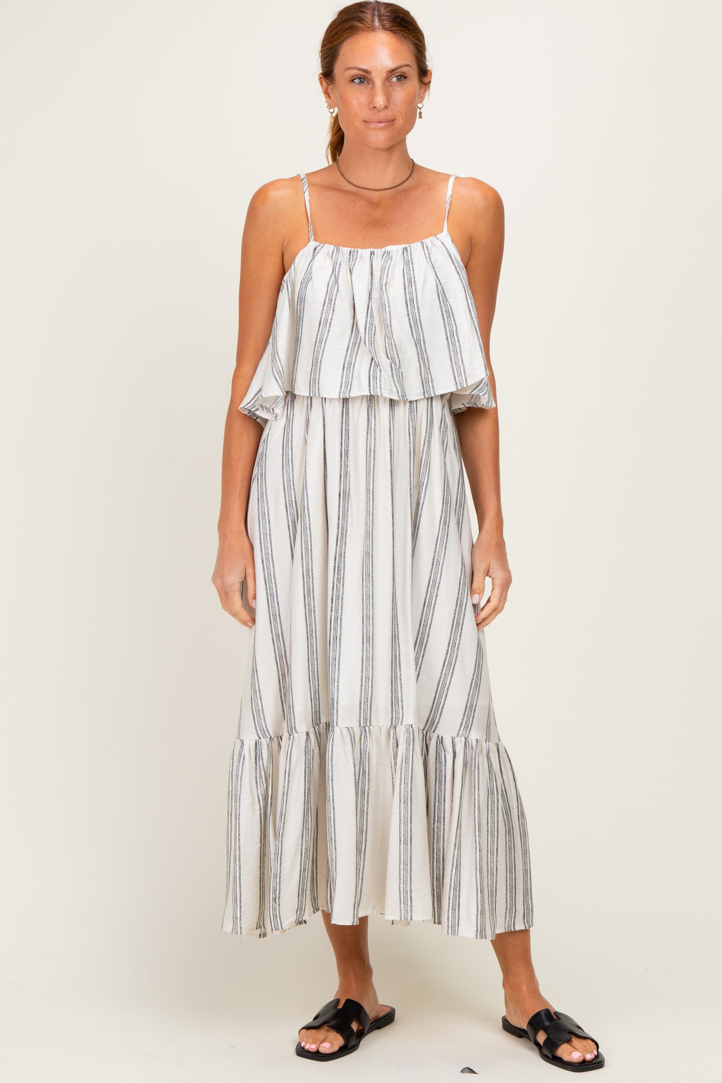Black Striped Flounce Shoulder Tie Midi Dress