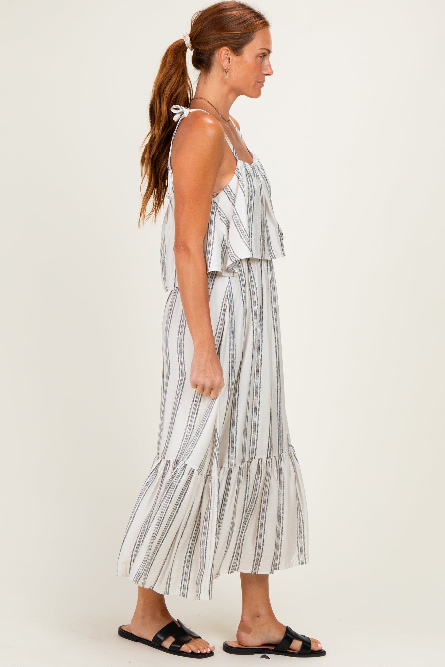 Black Striped Flounce Shoulder Tie Midi Dress