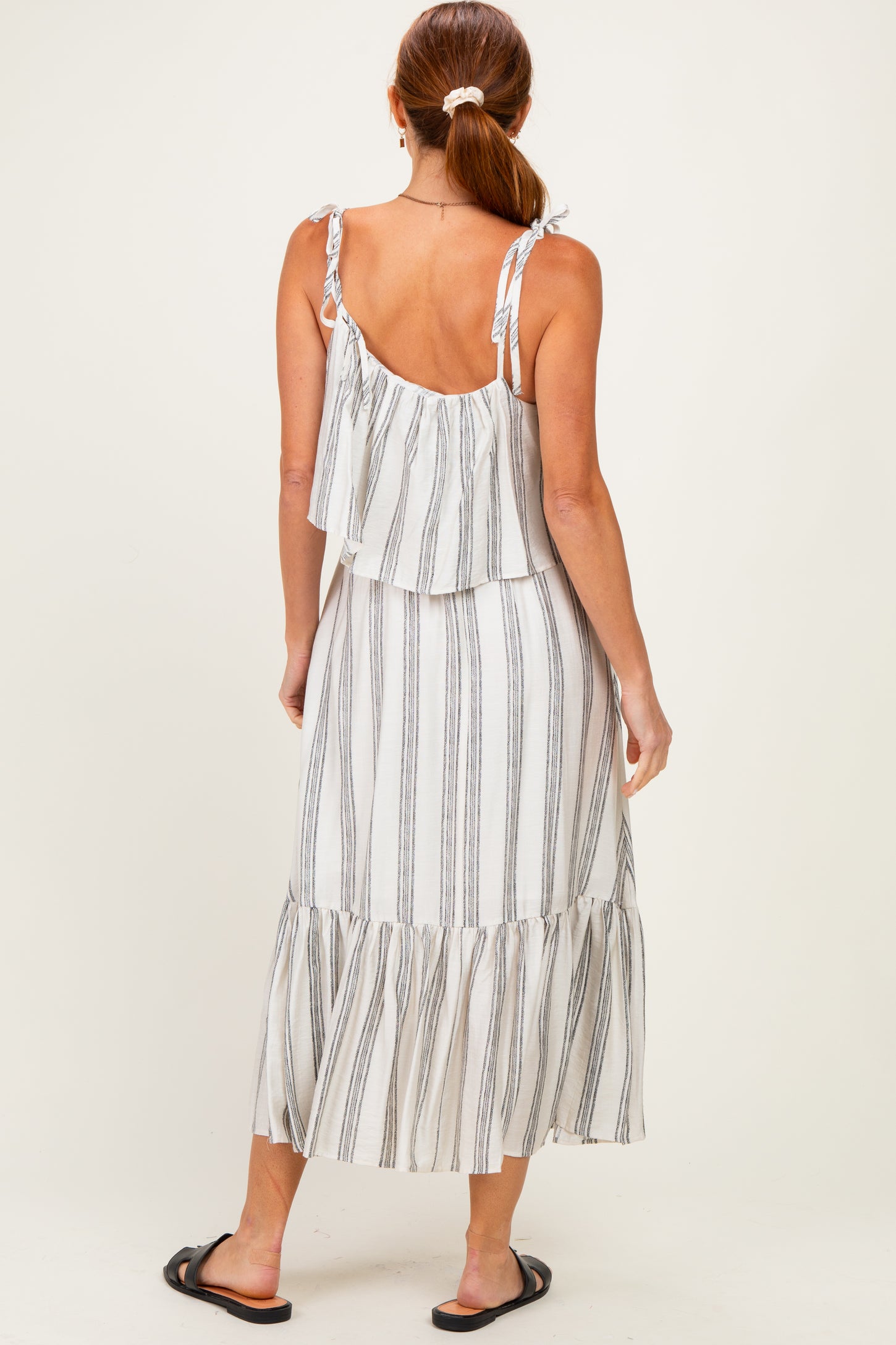Black Striped Flounce Shoulder Tie Midi Dress