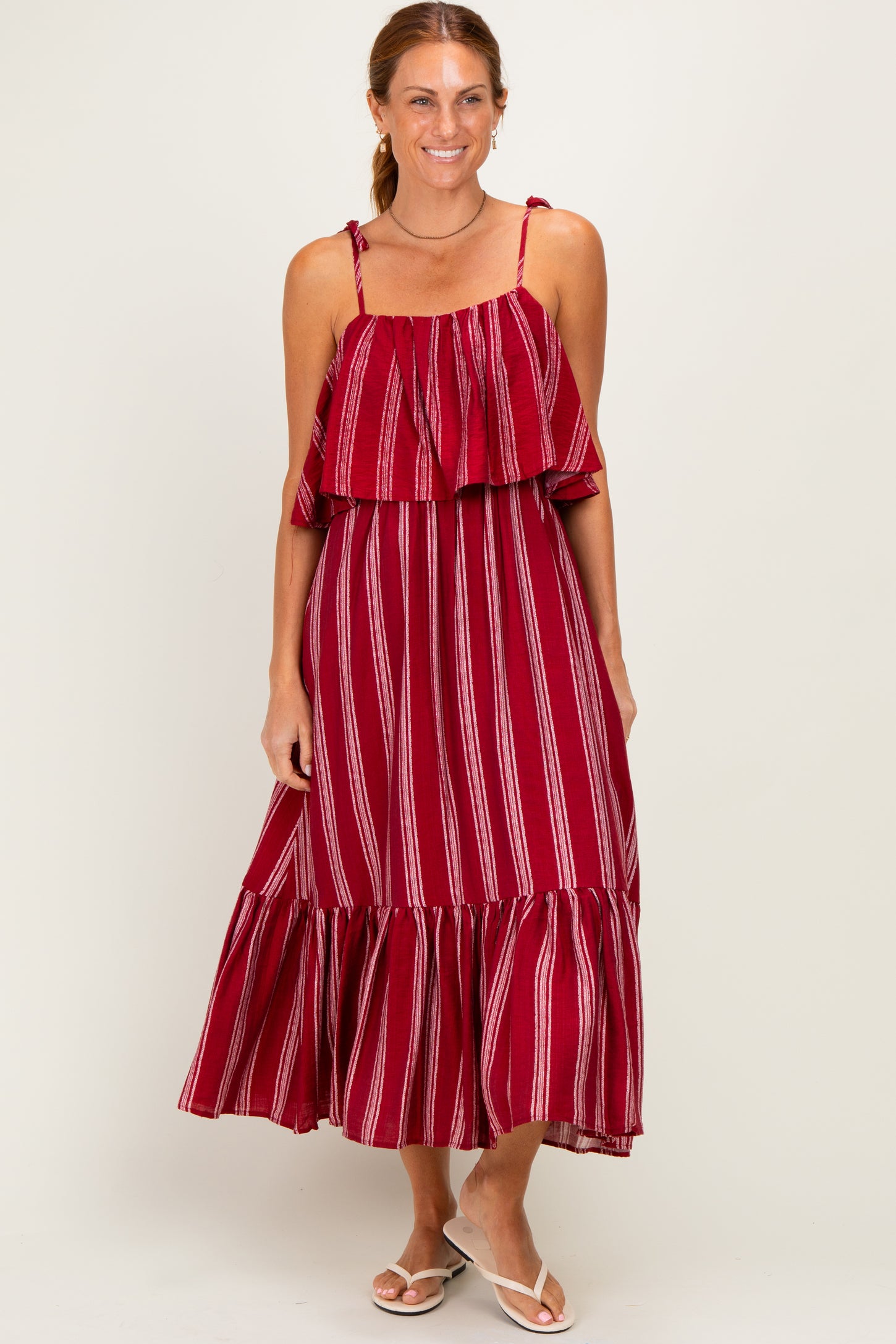 Red Striped Flounce Shoulder Tie Midi Dress