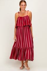 Red Striped Flounce Shoulder Tie Midi Dress