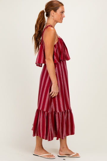 Red Striped Flounce Shoulder Tie Midi Dress