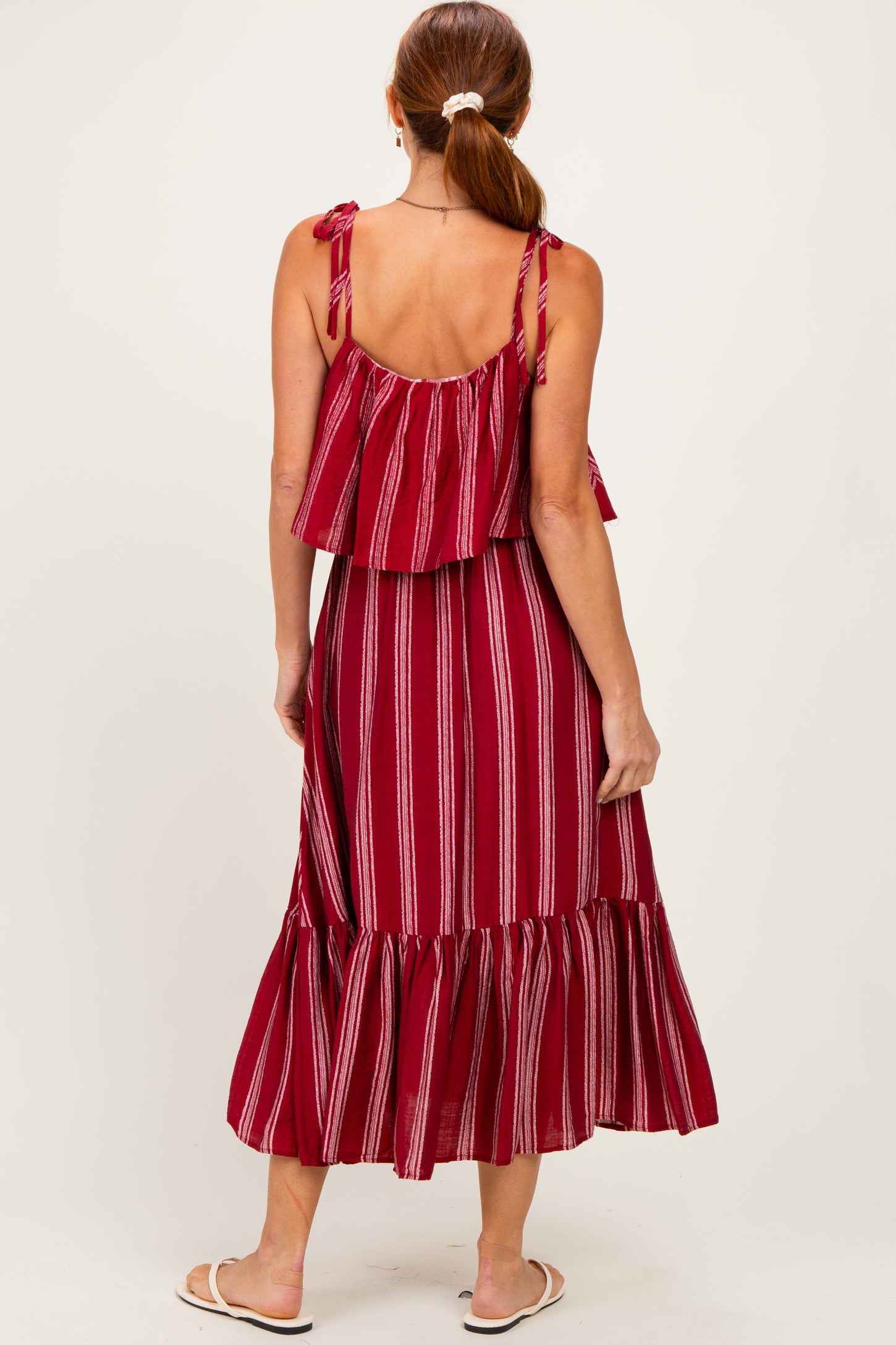 Red Striped Flounce Shoulder Tie Midi Dress