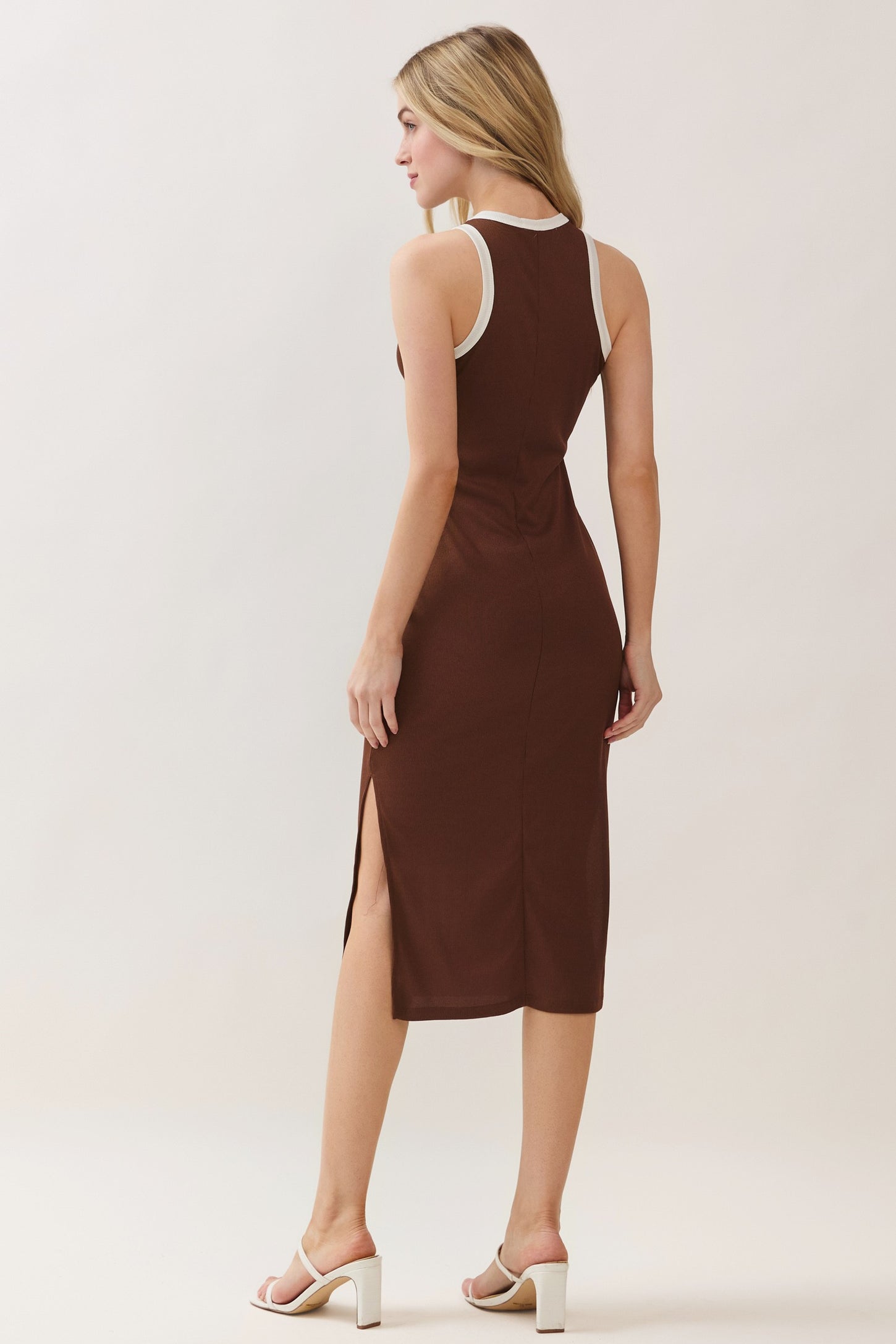 Brown/Soft White High Neck Ribbed Sleeveless Midi Dress
