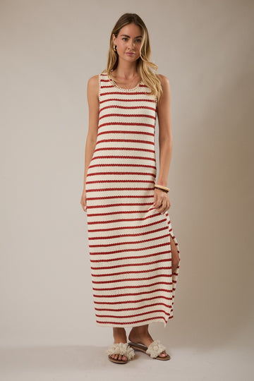 Cream Striped Crochet Knit Sleeveless Maxi Dress