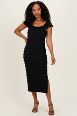 Black Smocked Ruffle Tier Midi Dress