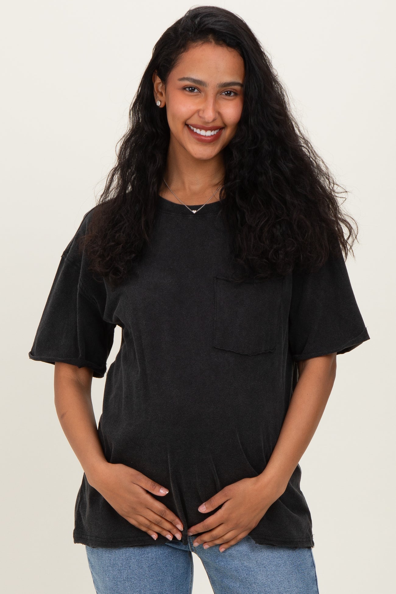 Black Vintage Wash Raw Edge Pocket Maternity T-Shirt