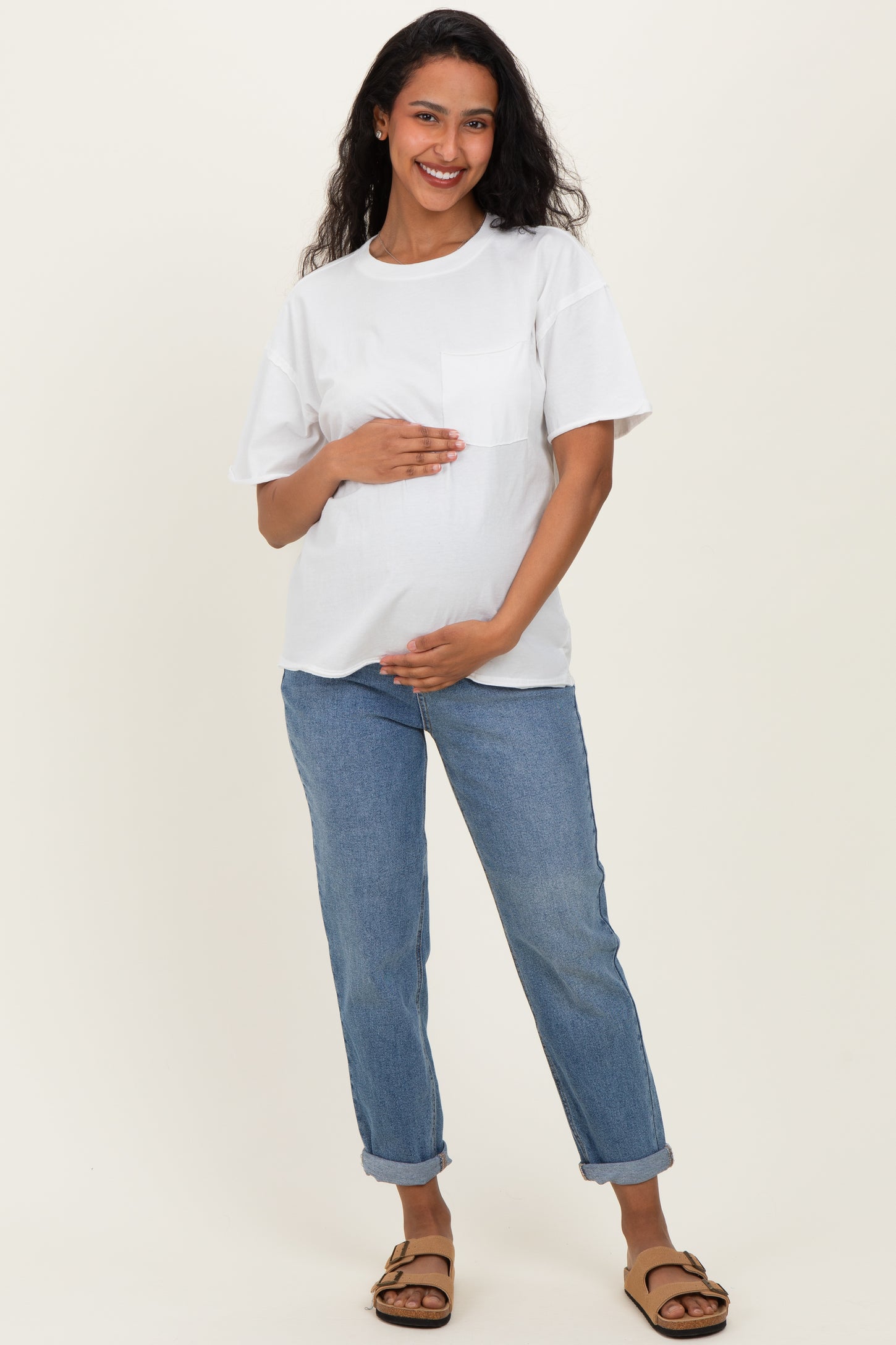 White Vintage Wash Raw Edge Pocket Maternity T-Shirt