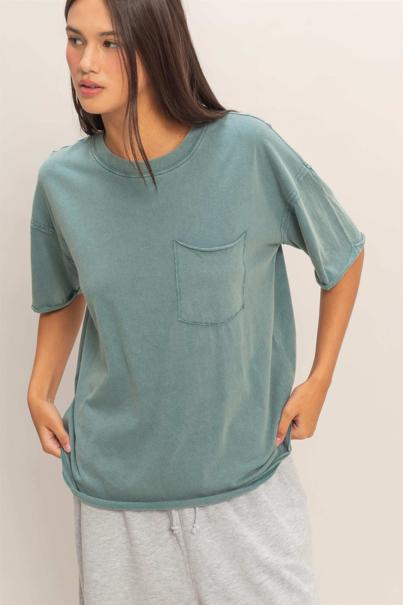 Teal Vintage Wash Raw Edge Pocket T-Shirt