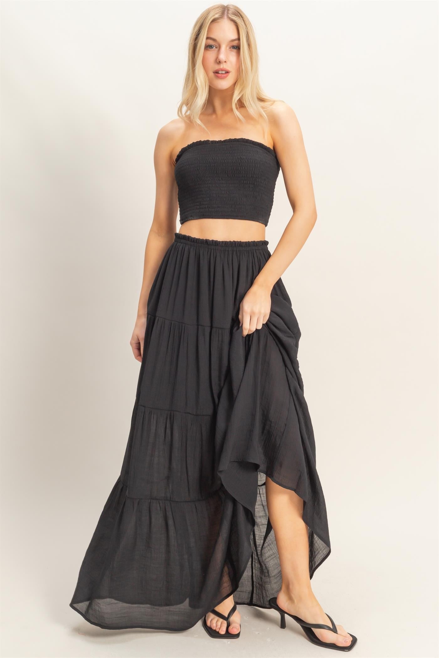 Black Smocked Tube Top Tiered Skirt Maternity Set