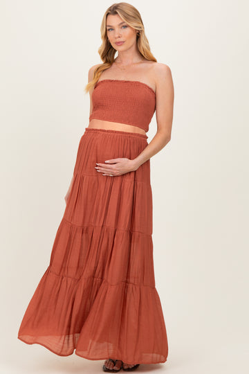 Rust Smocked Tube Top Tiered Skirt Maternity Set