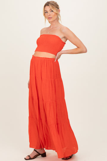 Orange Smocked Tube Top Tiered Skirt Maternity Set
