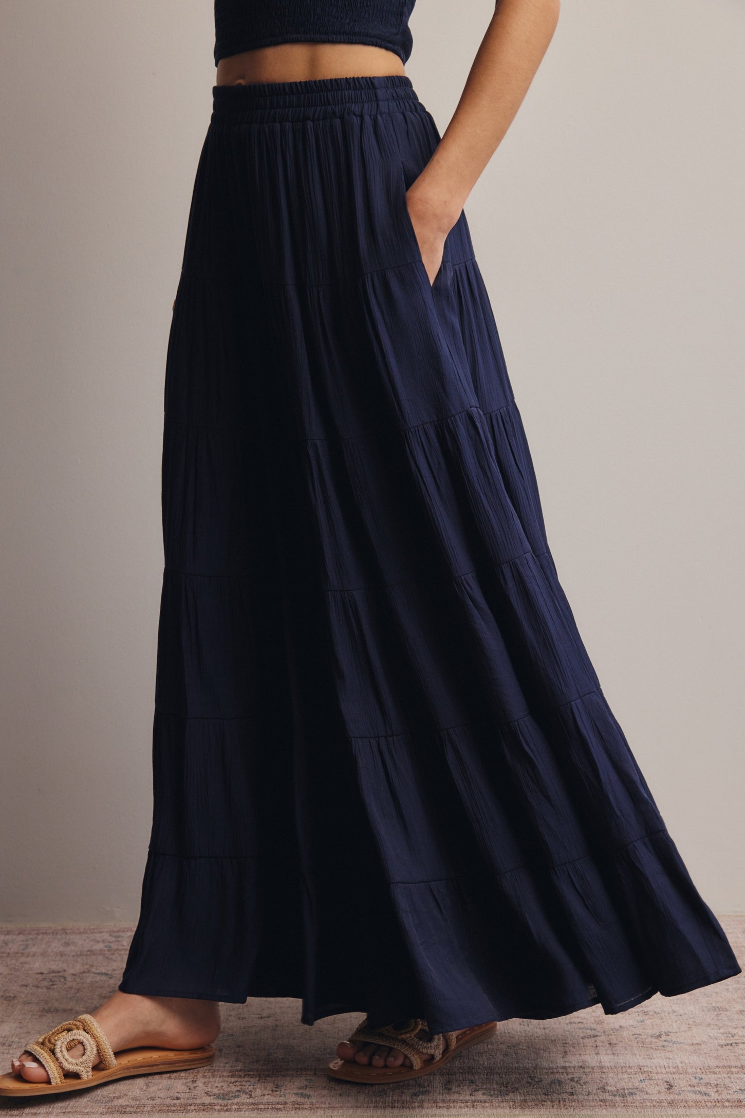 Navy Tiered Maxi Skirt