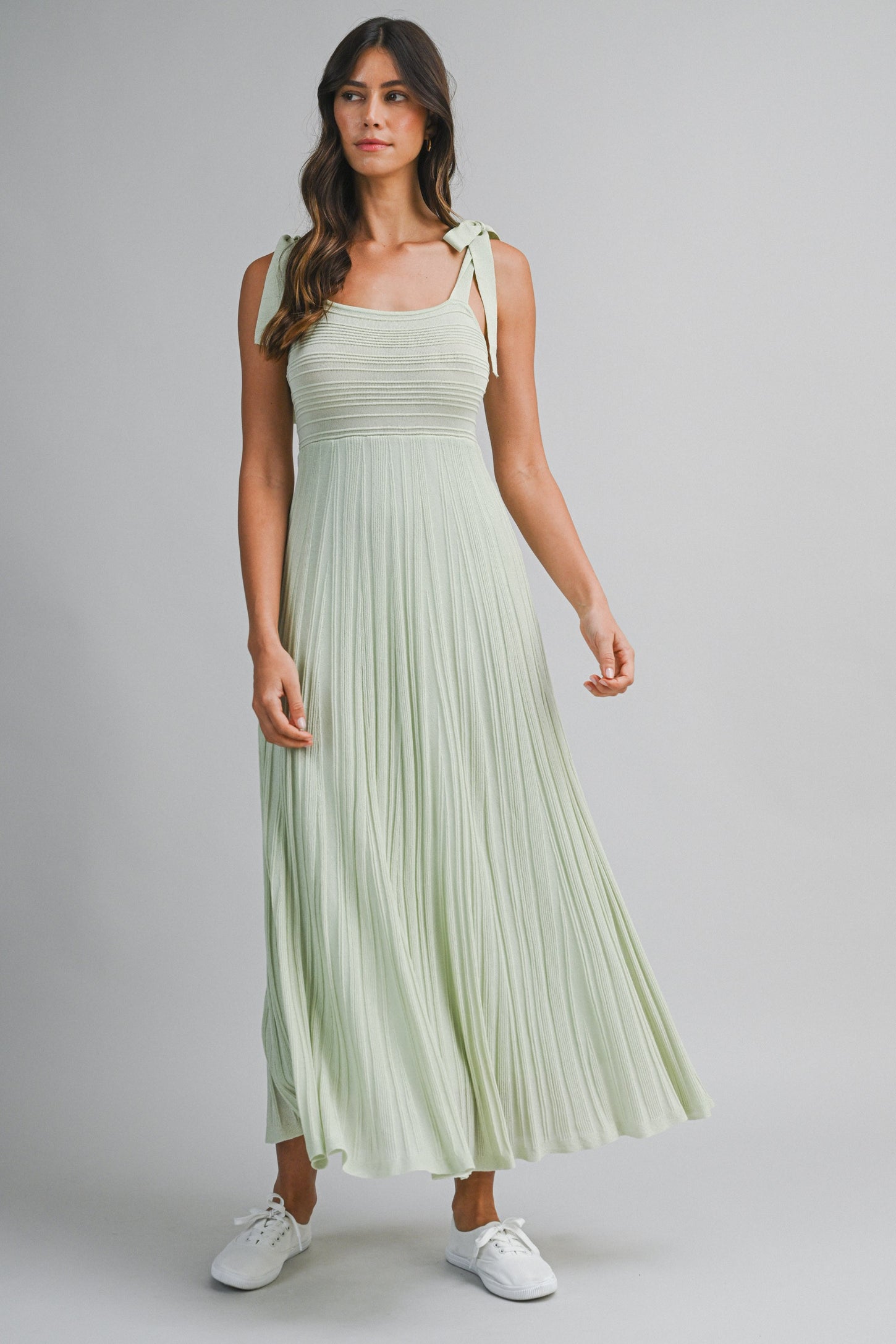 Sage Textured Knit Shoulder Tie Midi Dress