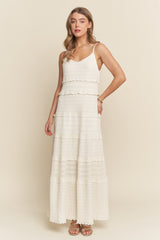 Ivory Textured Tiered Lace Trim Maxi Dress