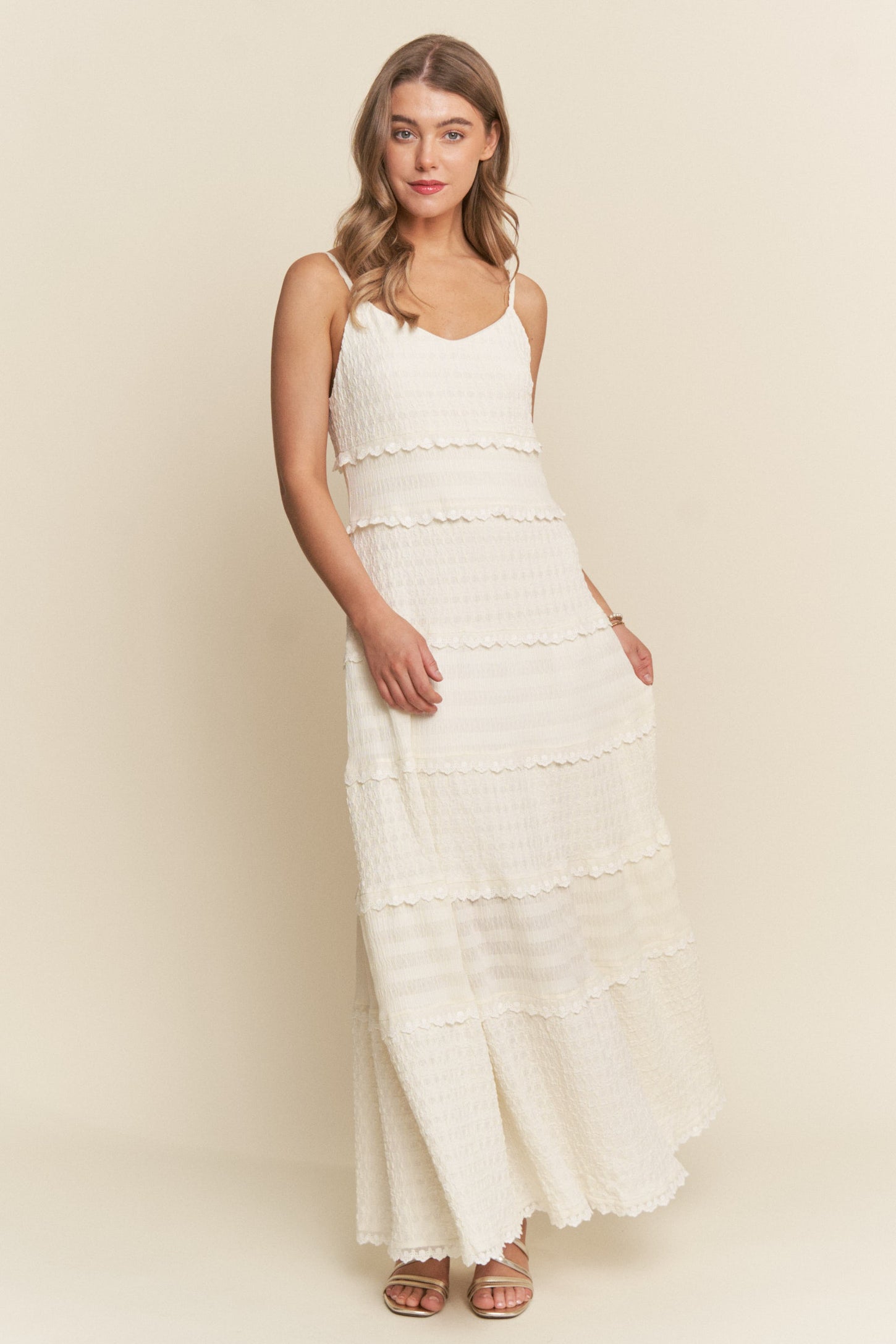 Ivory Textured Tiered Lace Trim Maxi Dress