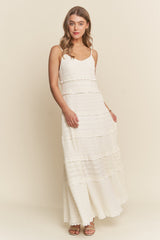 Ivory Textured Tiered Lace Trim Maxi Dress