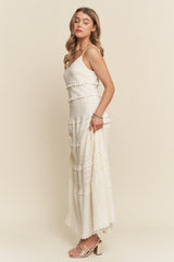 Ivory Textured Tiered Lace Trim Maxi Dress