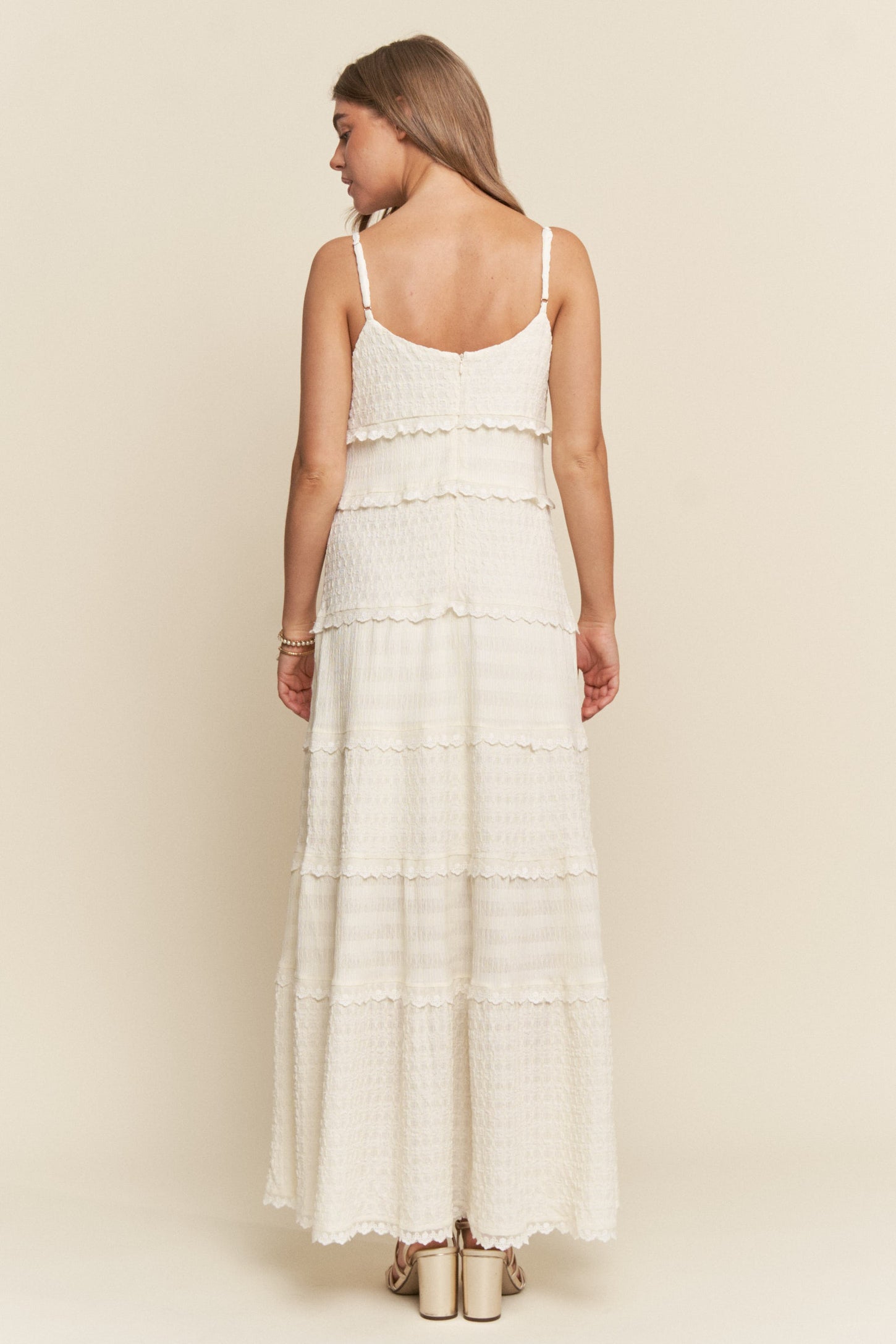 Ivory Textured Tiered Lace Trim Maxi Dress