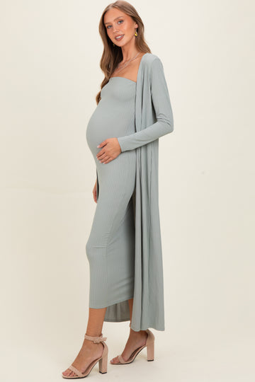 New Sage Ribbed Sleeveless Dress Cardigan Maternity Set