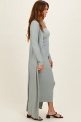 New Sage Ribbed Sleeveless Dress Cardigan Set