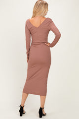 New Mocha V-Neck Long Sleeve Fitted Maxi Dress