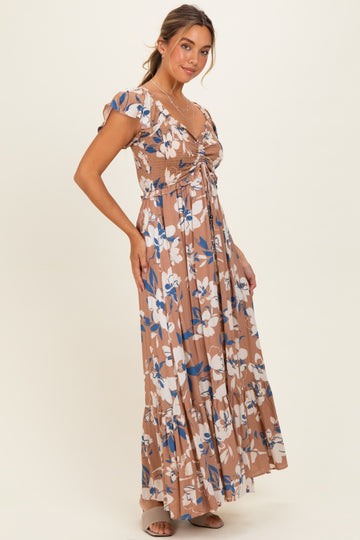 Mocha Floral Cinched Smocked Maxi Dress