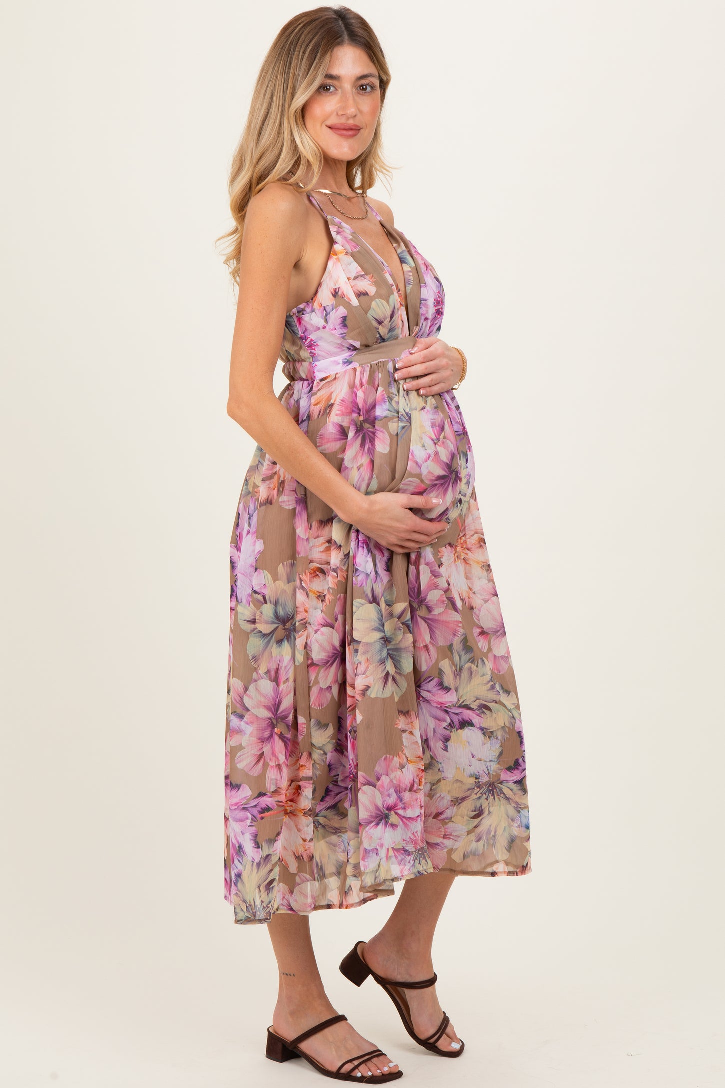 Tan Floral Open Back Maternity Midi Dress