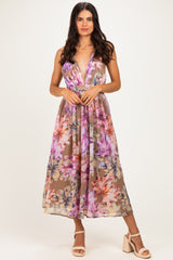 Tan Floral Open Back Maternity Midi Dress
