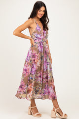 Tan Floral Open Back Midi Dress