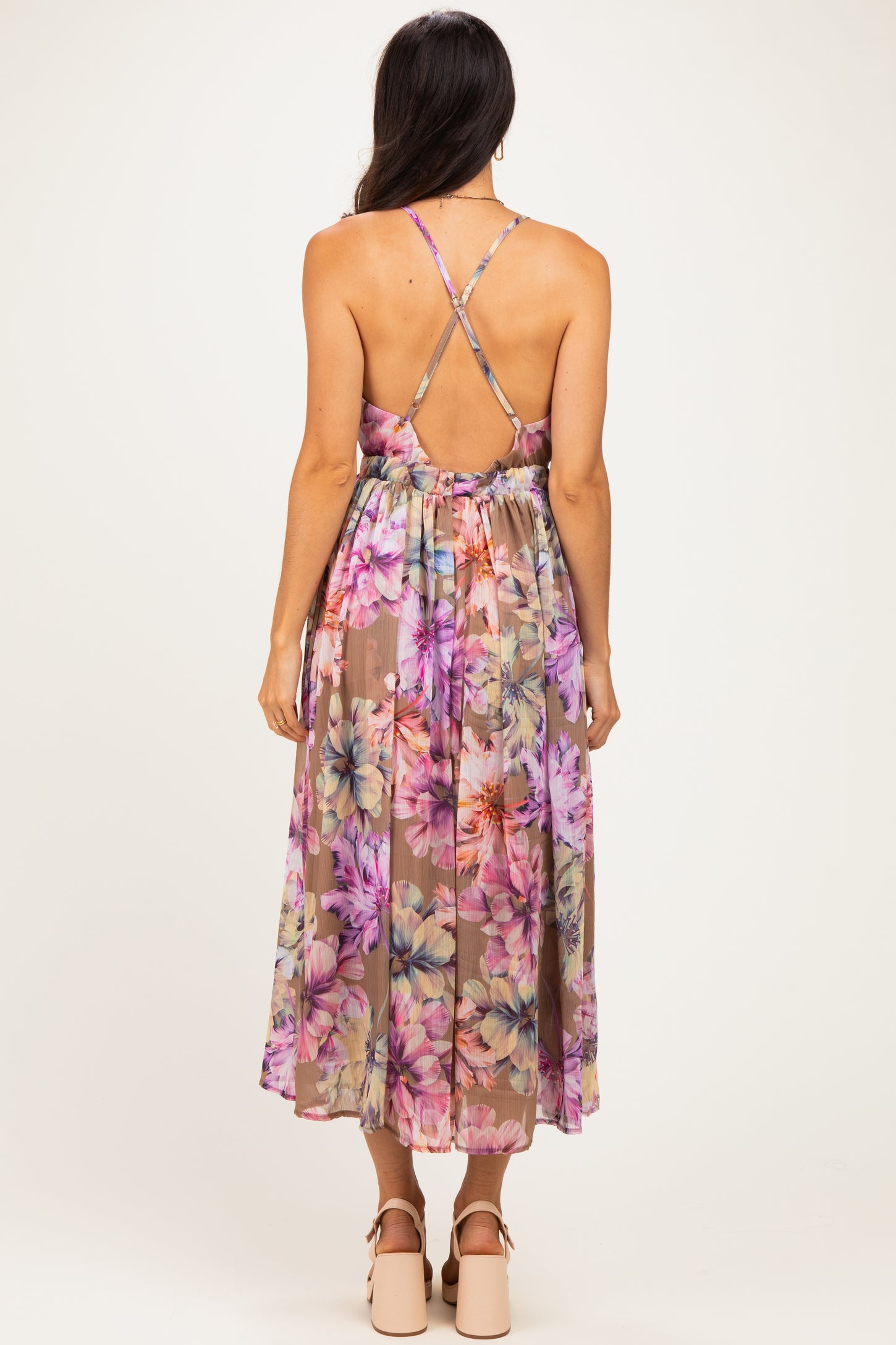 Tan Floral Open Back Midi Dress
