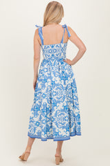 Blue Damask Shoulder Tie Midi Dress