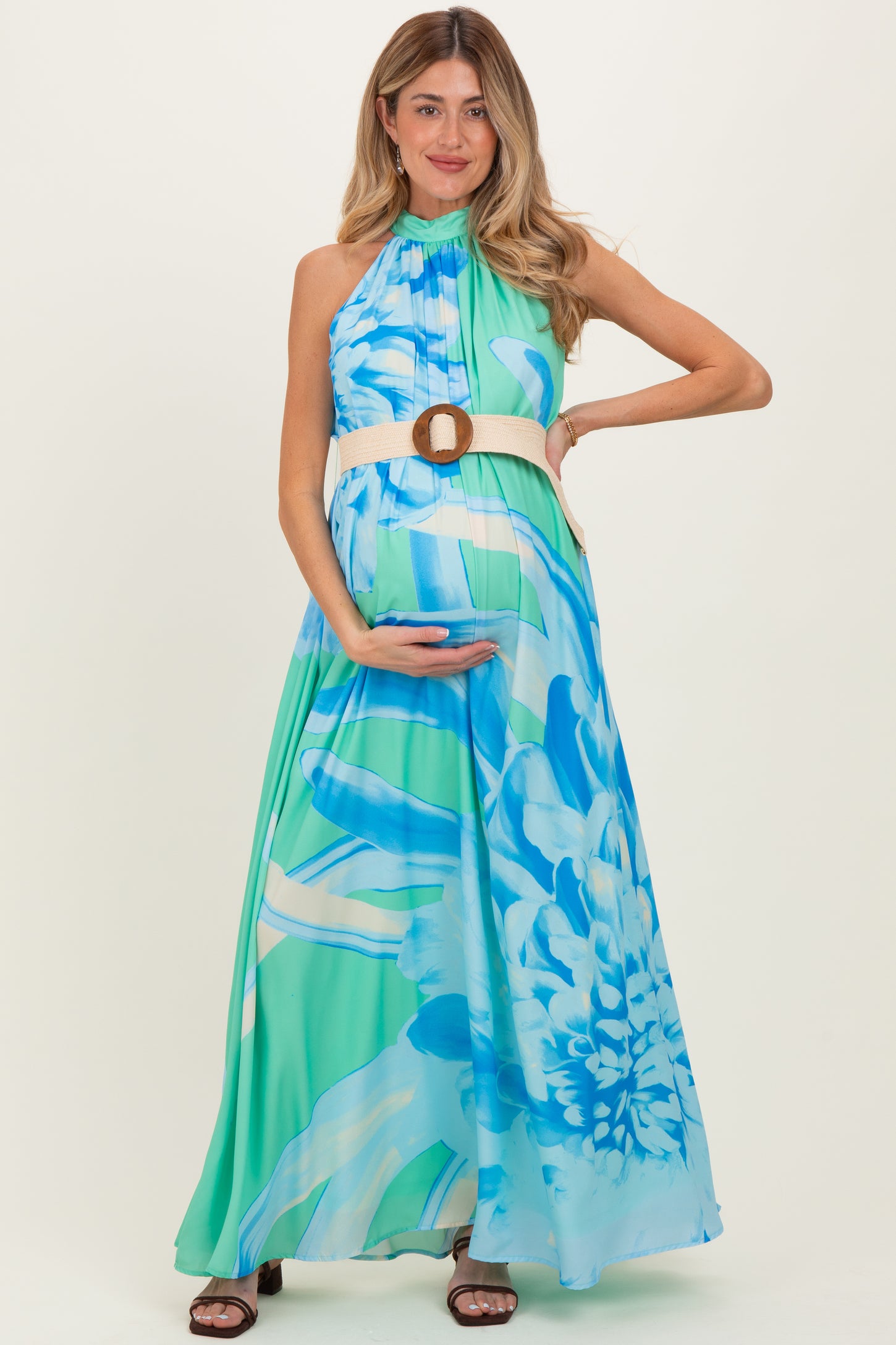 Mint Floral Chiffon Halter Maternity Maxi Dress