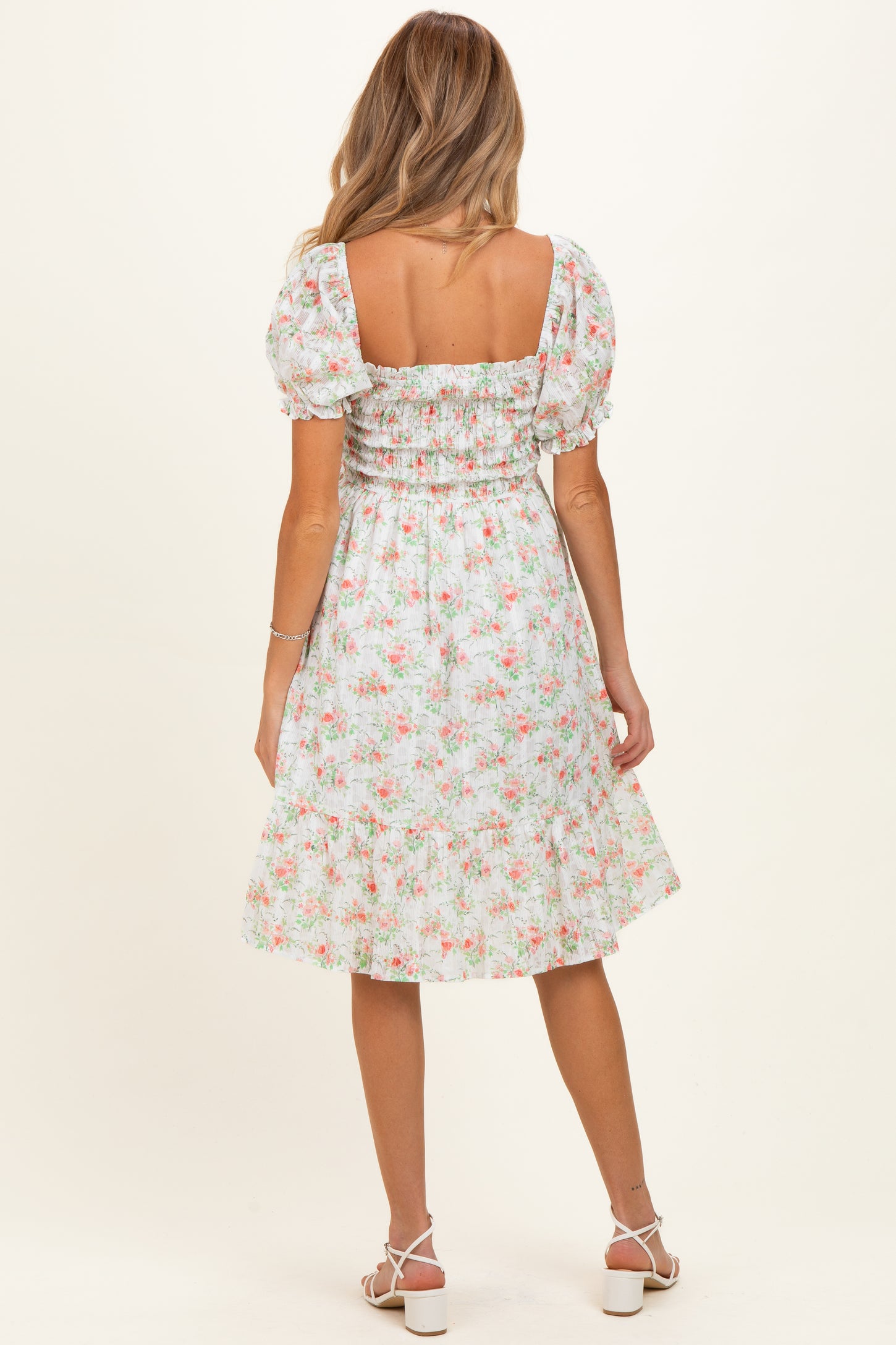 Off White Floral Sweetheart Neck Smocked Maternity Midi Dress