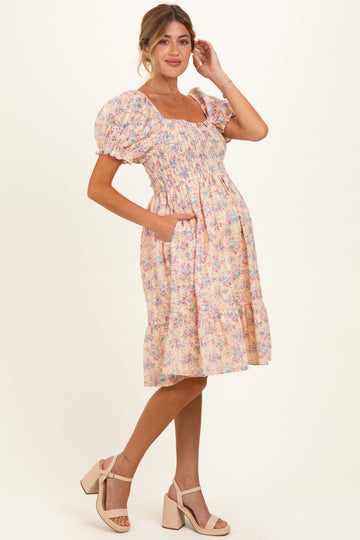 Peach Floral Sweetheart Neck Smocked Maternity Midi Dress