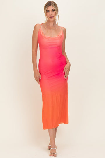 Ombre Coral Mesh Draped Neck Maxi Dress