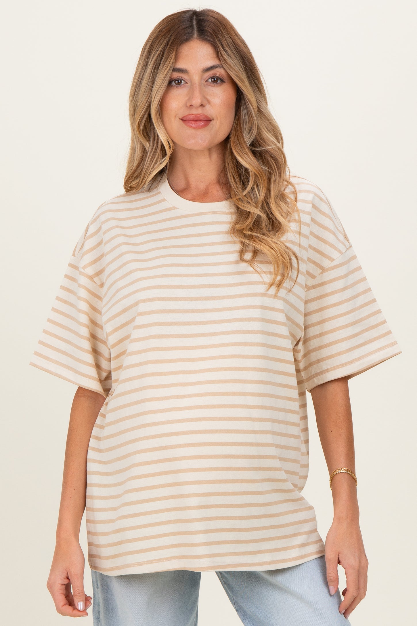 Taupe Striped Short Sleeve Crew Neck Oversized Cotton Maternity Top