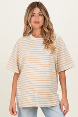 Taupe Striped Short Sleeve Crew Neck Oversized Cotton Maternity Top