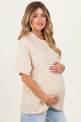 Taupe Striped Short Sleeve Crew Neck Oversized Cotton Maternity Top