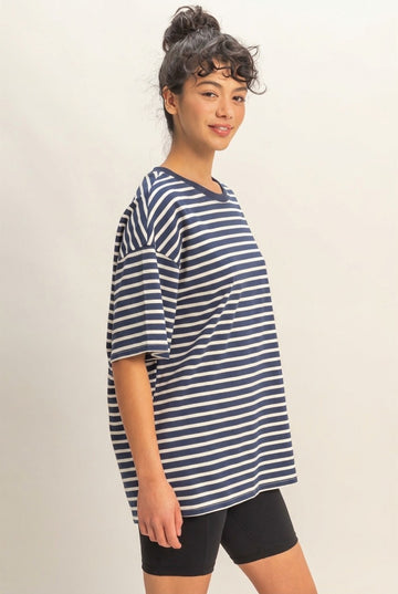 Navy Striped Short Sleeve Crew Neck Oversized Cotton Top