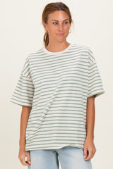 Sage Striped Short Sleeve Crew Neck Oversized Cotton Top