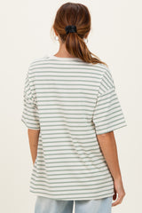 Sage Striped Short Sleeve Crew Neck Oversized Cotton Top